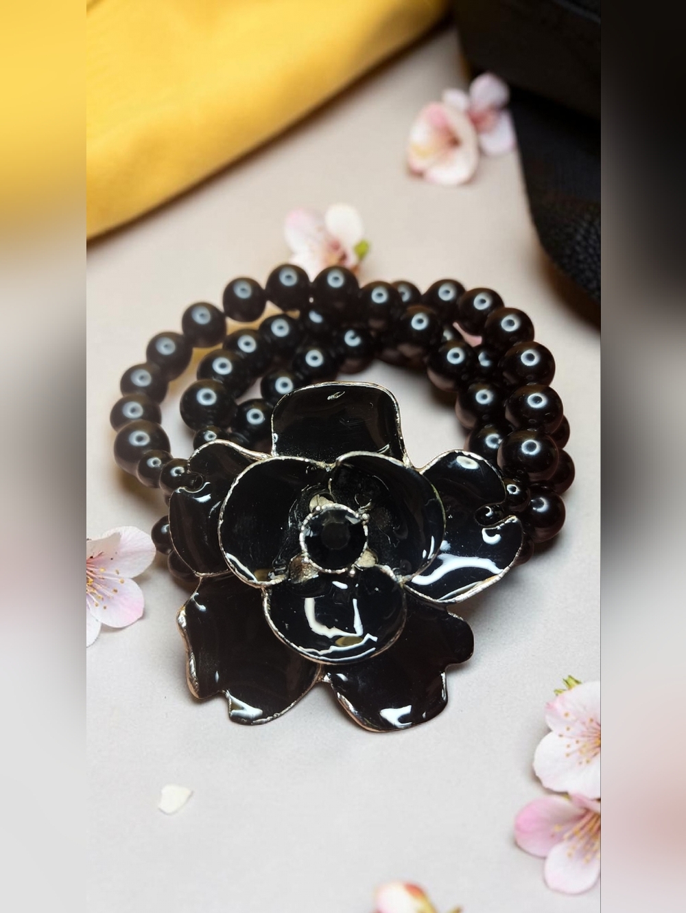 Yves Saint Laurent Black Logo Cosmetic Pouch, Enamel Flower Bracelet & Necklace - Picture 5 of 13